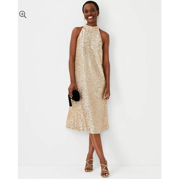 Ann Taylor SZ 6 Sequin Mock Neck Midi Dress Gold - Picture 1 of 8